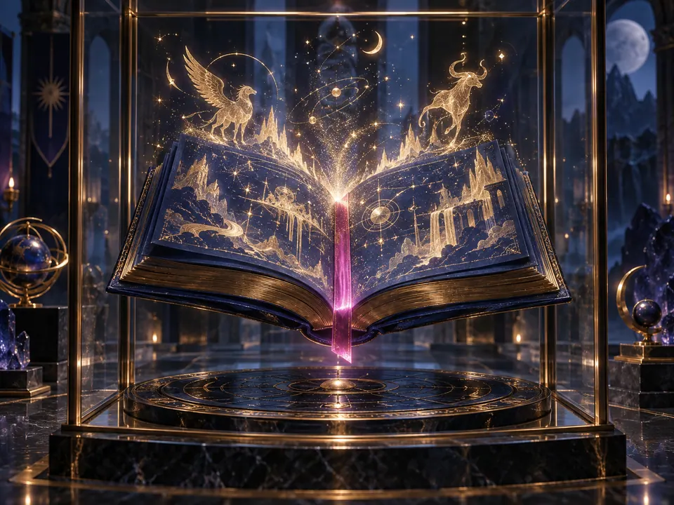 Floating midnight-blue codex emitting gold constellations