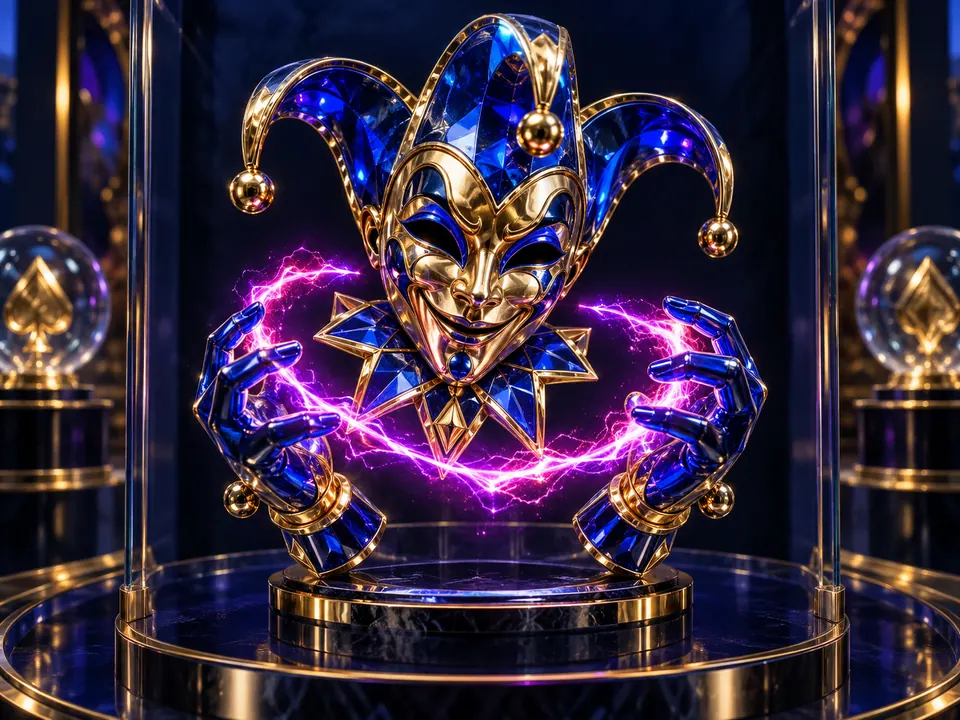 Electric blue glass jester-mask talisman holding a magenta energy loop