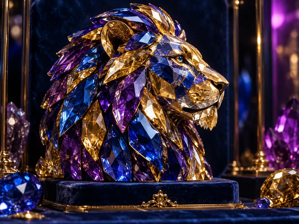 A lion profile assembled from sapphire amethyst and gold gemstones