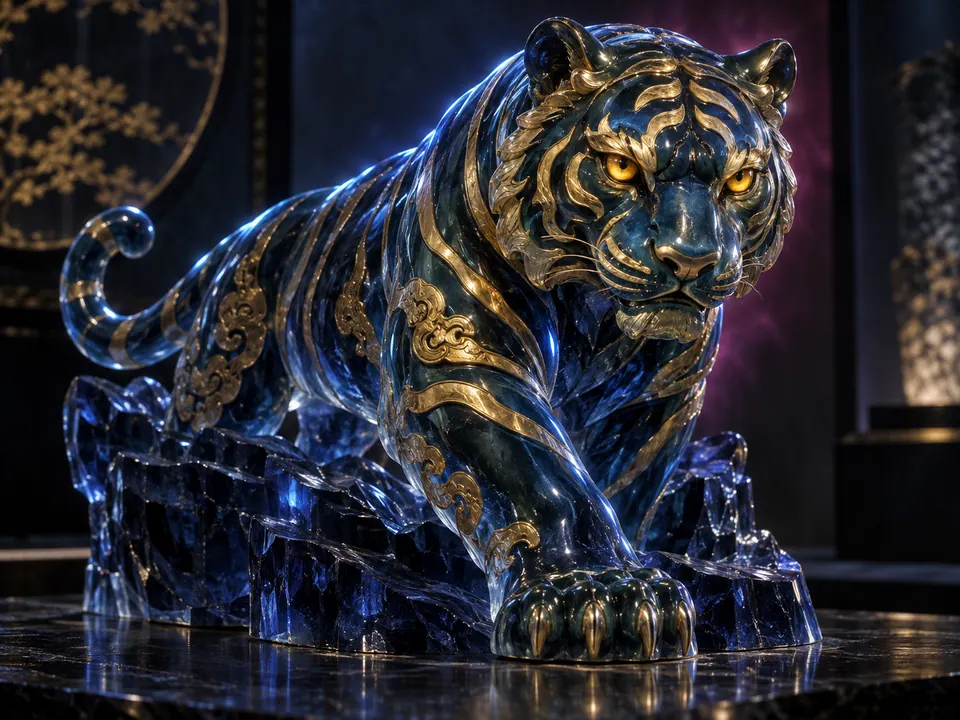 Blue jade and gold tiger talisman under cobalt gallery light