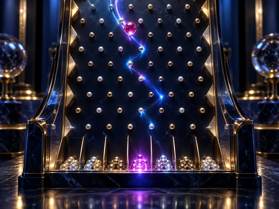 Magenta token tracing a path through pearl and glass pegs