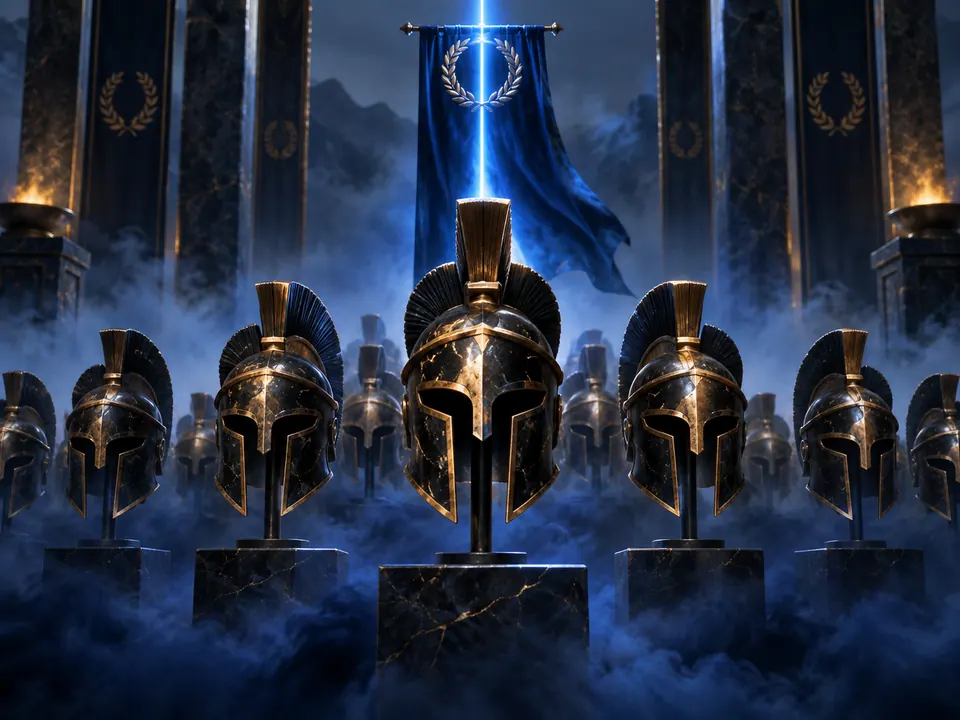 Bronze and obsidian helmet talismans rising through blue mist